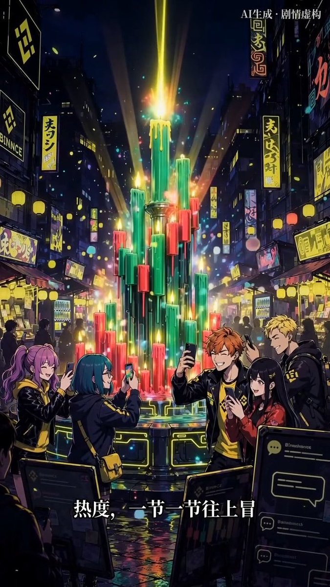A neon cyberpunk-style illustration depicts young people taking photos around glowing red and green light columns in a busy city street, with Chinese text including “热度，一节一节往上冒.”