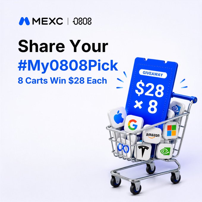 A promotional MEXC x 0808 giveaway advertisement featuring the headline "Share Your #My0808Pick — 8 Carts Win $28 Each," with a shopping cart overflowing with tech brand icons (Apple, Google, Amazon, Microsoft, Meta, Nvidia, etc.) and a blue "$28 x 8 GIVEAWAY" voucher, illustrating the call-to-action for users to build and share their own pick carts to win extra USDT rewards.