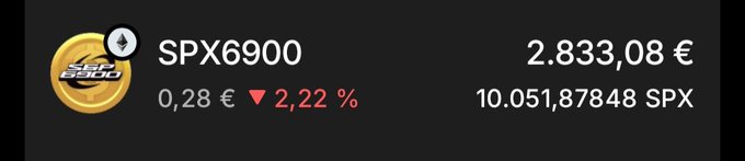 The image shows a cryptocurrency portfolio snapshot of SPX6900 (SPX) valued at €2,833.08, with a daily decrease of €0.28 (2.22%) and a holding of 10.05187848 SPX tokens. The amount visually confirms the poster's milestone of surpassing 10,000 $SPX, celebrating their achievement of accumulating over 10,000 tokens of the meme coin.