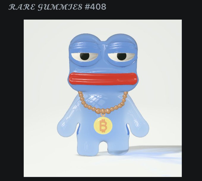 A blue cartoonish figurine with a red mouth, beaded necklace, and Bitcoin medallion, labeled 'RARE GUMMIES #408' in the top left.