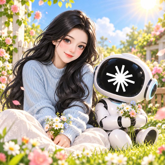 An anime-style illustration of a young woman with long black hair sitting in a flower garden alongside a white robot whose screen displays a loading symbol.