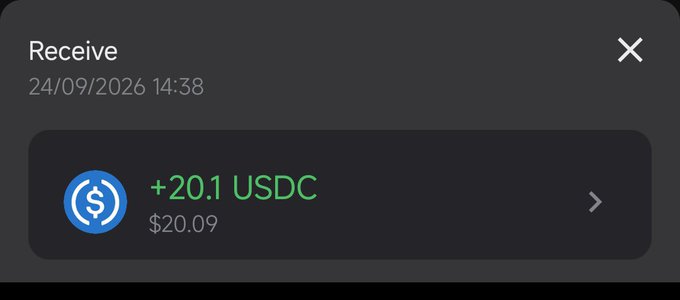 A mobile app screenshot showing a 'Receive' transaction of '+20.1 USDC' ($20.09) dated 24/09/2026 14:38.