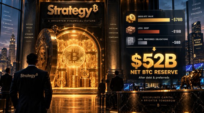 A promotional image for Strategy (formerly MicroStrategy) featuring a Bitcoin vault scene with financial figures showing ~$78B gross BTC value, ~$18B debt, and a $52B net BTC reserve, alongside slogans like 'A BRIGHTER FINANCIAL FUTURE' and 'DISCIPLINED CAPITAL, A BRIGHTER TOMORROW.'