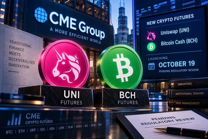 A promotional graphic for CME Group announcing new crypto futures for Uniswap (UNI) and Bitcoin Cash (BCH), launching October 19 pending regulatory review, with logos and the tagline 'A MORE EFFICIENT WORLD'.