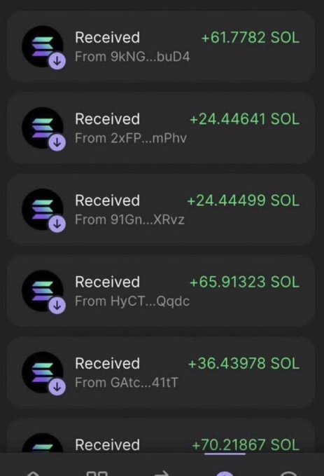 A mobile screen showing multiple cryptocurrency transactions received in SOL (Solana), with amounts ranging from +24.44499 SOL to +70.21867 SOL from various anonymous senders.