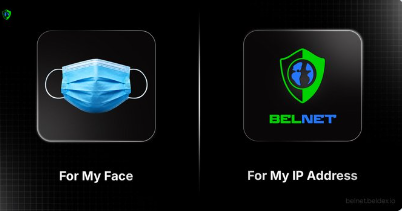 A graphic comparing two icons: a blue face mask labeled 'For My Face' on the left, and a shield with a globe and the text 'BELNET' labeled 'For My IP Address' on the right.