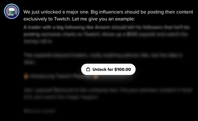 The image shows a Twetch post announcing an exclusive content paywall feature, with the visible text "We just unlocked a major one. Big influencers should be posting their content exclusively to Twetch," while the rest of the content is blurred behind an "Unlock for $100.00" paywall button, demonstrating the very feature the post promotes.