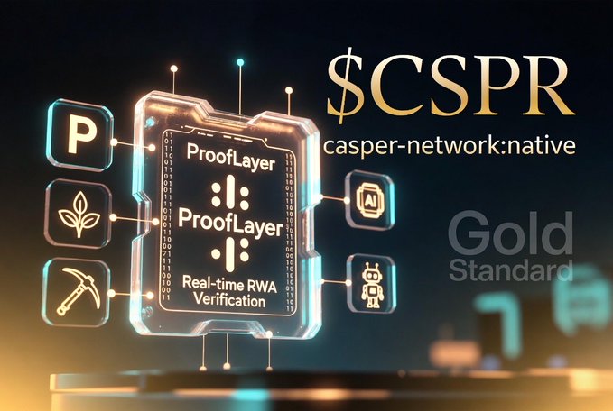 The image displays a glowing digital emblem titled "$CSPR casper-network:native" alongside the text "ProofLayer" and "Real-time RWA Verification," featuring iconography of a parking sign, a plant, and a pickaxe. The phrase "Gold Standard" appears prominently in the background, visually reinforcing the post's claim that $CSPR (Casper Network) is the "Gold Standard" with ProofLayer enabling on-chain cryptographic verification of real-world assets like parking, agriculture, and mining through institutional-grade standards (ERC-3643, ISO20022, x402).