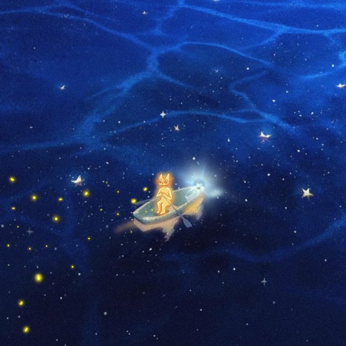 A whimsical digital painting showing a small orange cat sitting in a tiny boat floating through a starry, deep blue cosmic sea illuminated by bioluminescent currents.