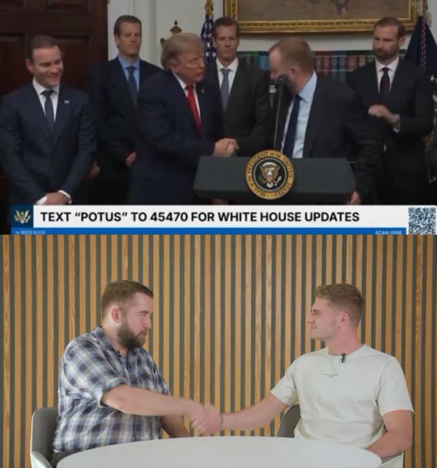 Top: Donald Trump shakes hands at a White House podium with a banner reading 'TEXT "POTUS" TO 45470 FOR WHITE HOUSE UPDATES'. Bottom: Two men shake hands across a white table in a studio with wooden slat walls, mirroring the gesture above.