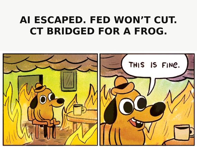 A 'This Is Fine' meme comic with a dog sitting calmly amid flames, captioned 'AI ESCAPED. FED WON'T CUT. CT BRIDGED FOR A FROG.'