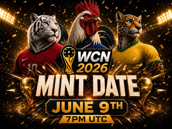 The image features a poster for the WCN 2026 mint event, which is scheduled to take place on June 9th at 7 PM UTC. The poster showcases three cartoon animals - a tiger, a rooster, and a jaguar - standing together in front of a soccer field. Each animal represents a different country: the tiger stands for China, the rooster represents Brazil, and the jaguar symbolizes South Africa. The poster also includes text that reads "The wait is finally over. We're excited to officially announce that the WCN 2026 mint will go live on June 9th at 7 PM UTC. One nation will".