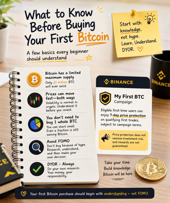 An infographic titled "What to Know Before Buying Your First Bitcoin" outlines key beginner tips—including Bitcoin's 21 million BTC supply cap, price volatility, starting small (you don't need to buy 1 whole BTC), avoiding FOMO, and practicing DYOR—alongside a Binance "My First BTC Campaign" promo offering 7-day price protection for eligible users. The image reinforces the post's message by encouraging first-time buyers to prioritize knowledge and understanding over hype, rushing, or chasing perfect entry points.