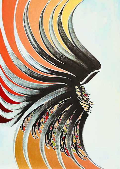 An abstract painting featuring sweeping, curved strokes of orange, yellow, black, and white, with intricate decorative patterns in the center against a white background.