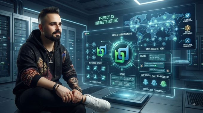 A tattooed man in a black hoodie sits beside a glowing futuristic holographic display reading "PRIVACY AS INFRASTRUCTURE" alongside various tech network diagrams.