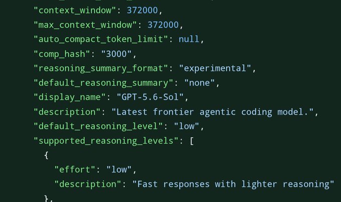 The image shows a JSON configuration snippet for the GPT-5.6-Sol model, displaying key parameters including a context window of 372,000 tokens and a comp_hash of "3000". It relates to the post by confirming the model's details, showing it's described as a "frontier agentic coding model" with a default reasoning level of "low."