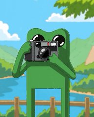 An animated green frog character holding a camera in a cartoon landscape.
