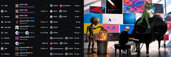 A trading platform showing transactions for Argonaut #8547, #8489, #8511, and others with side displays of NFT artwork including a skeleton and a frog character.