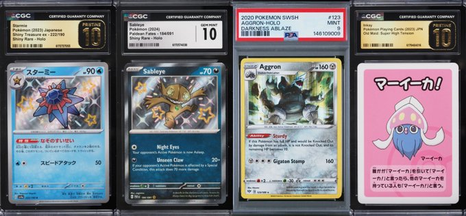 A collection of four graded Pokémon cards including Starmie, Sableye, Aggron, and Inkay, with various CGC labels indicating grades like 10 and Mint.