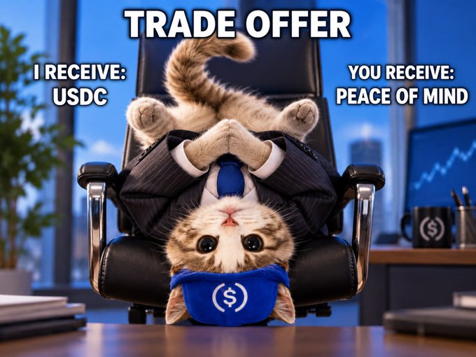A humorous 'TRADE OFFER' meme featuring a cat in a suit, offering USDC in exchange for 'PEACE OF MIND'.