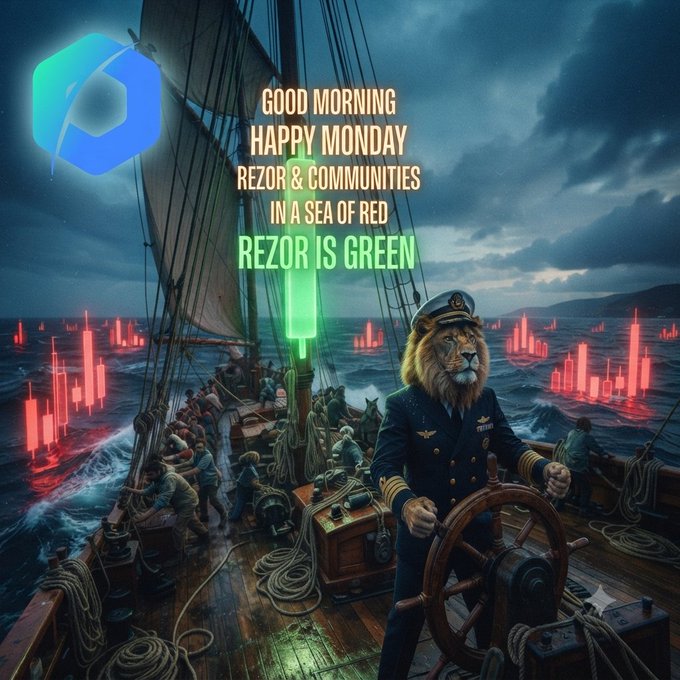 A digital artwork featuring a lion captain steering a ship through red candlestick charts on water, with text reading 'GOOD MORNING HAPPY MONDAY REZOR & COMMUNITIES IN A SEA OF RED REZOR IS GREEN'.