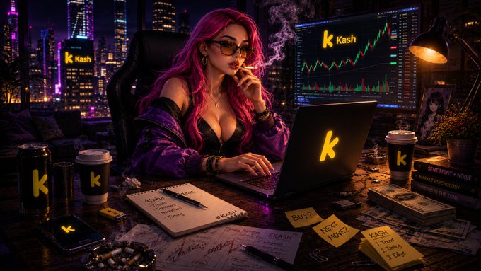 The image features a woman sitting at a desk with a laptop open in front of her. She has pink hair, which adds a unique touch to the scene. The background shows a cityscape with buildings lit up by neon lights, creating an urban atmosphere. There are also several cups and books scattered around the room, indicating that she might be working on a project or studying.

The image is related to the post "Kash Testnet is officially live AI scans X for breaking narratives, creates instant YES/NO prediction markets, and users can now place predictions directly through social posts or on the Kash testnet platform,Built on Base, powered by AI @kash_bot #Kash #Polymarket #Crypto". The woman in the image seems to be engaged in a task that involves analyzing data or making decisions based on it. This could be related to cryptocurrency trading, news analysis, or any other field where predicting outcomes and making informed choices are crucial.