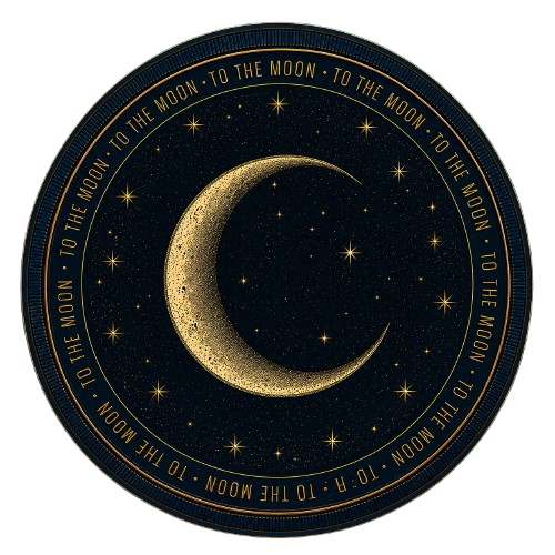 A gold crescent moon design encircled by the repeated phrase "TO THE MOON" against a starry navy background, serving as branded crypto coin artwork that pays tribute to the original 2013 Mooncoin meme.