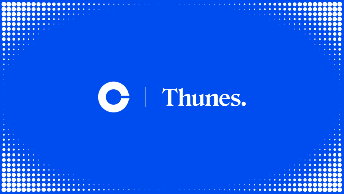 A blue graphic featuring the Coinbase and Thunes logos side by side, visually representing their partnership to bridge stablecoin infrastructure with global fiat payouts through local bank accounts and mobile wallets.
