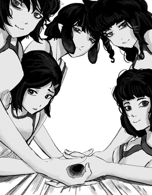 A black-and-white manga-style illustration of five female characters looking down into the center frame, where multiple hands are joined together holding a small, dark object.