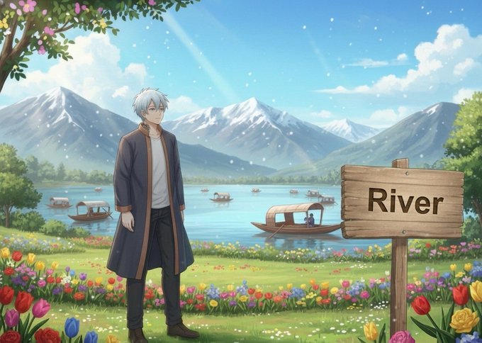 An anime-style illustration depicts a young man with silver hair standing in a field of colorful flowers near a river, where small boats float and mountains rise in the distance.