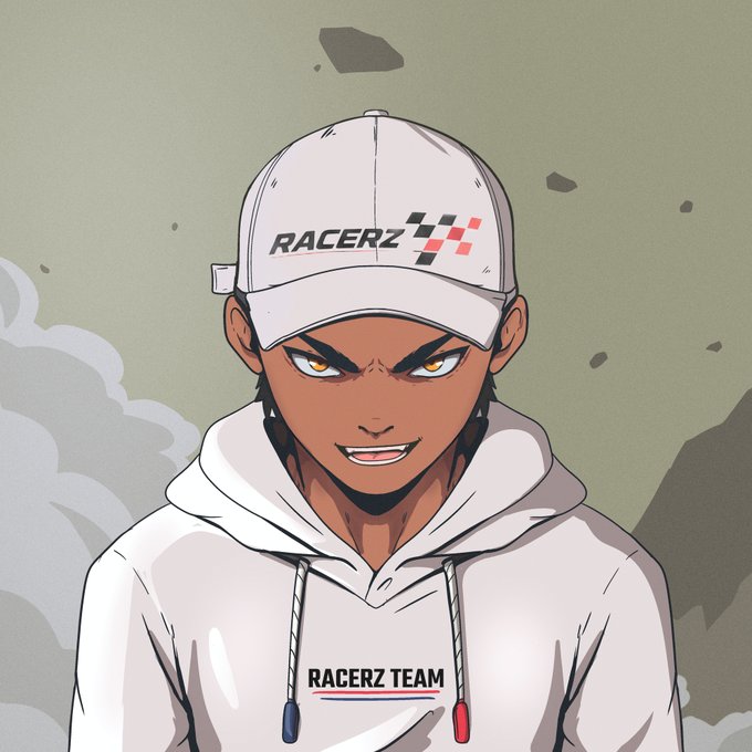 An anime-style illustration of a young man wearing a white 'RACERZ' cap and hoodie with 'RACERZ TEAM' printed on it, smiling confidently against a muted background with smoke and debris.