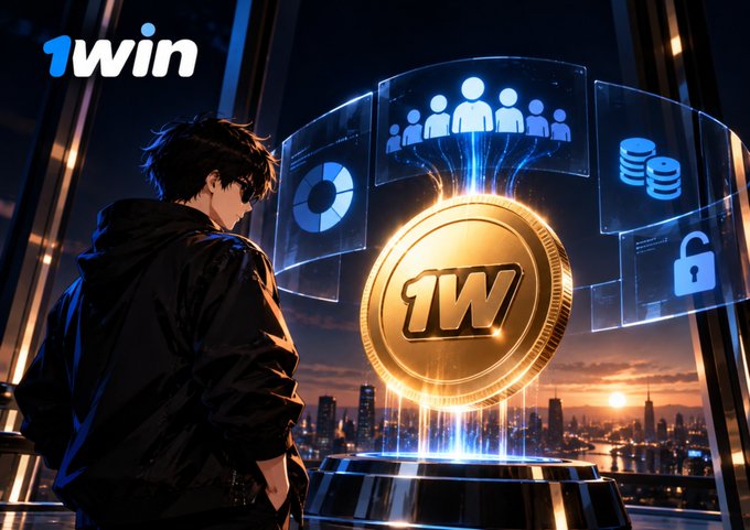 An anime-style digital illustration for '1win' showing a character in a black jacket looking at a glowing golden coin with the '1W' logo, surrounded by holographic interfaces displaying people, charts, and coins against a cityscape at dusk.