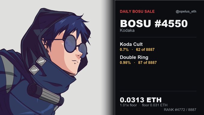 An NFT marketplace listing for 'BOSU #4550' by Kodaka, featuring an anime-style hooded character with sunglasses, priced at 0.0313 ETH with Koda Cult and Double Ring traits.