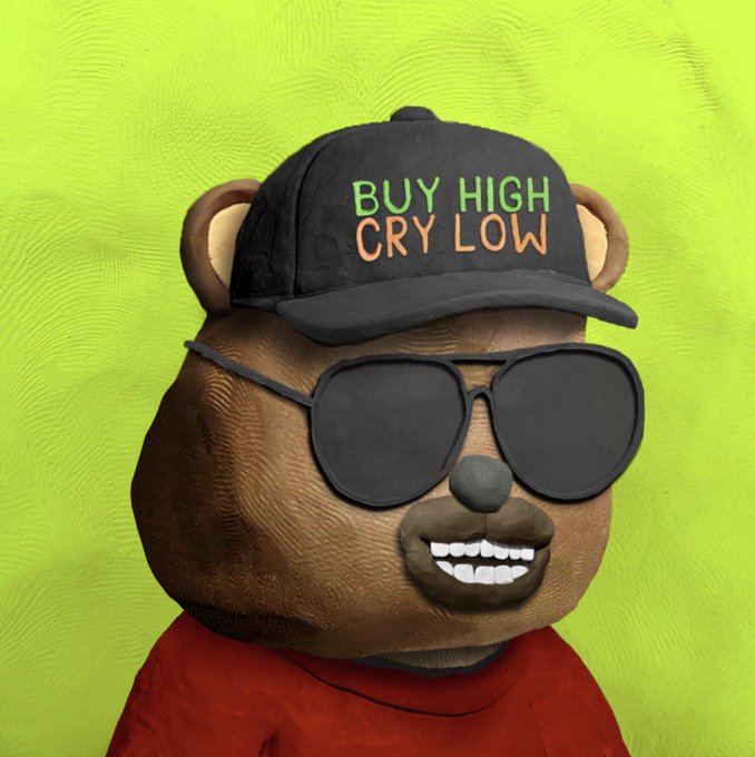 A 3D-rendered cartoon bear wearing a black cap reading 'BUY HIGH CRY LOW,' sunglasses, and a red shirt against a bright green background.