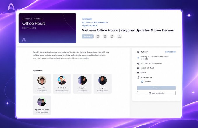 An event registration page for "Vietnam Office Hours | Regional Updates & Live Demos" on August 28, 2026, featuring speakers like Lucian Tu, Teddy Zizhi, Bang Pink, Lang Le, and Nguyen Duc Trong.