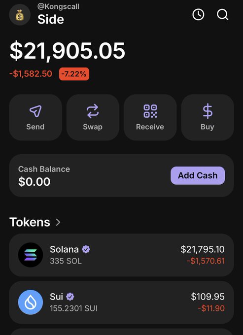 The image shows a screenshot of an app called "Solana", which is used for trading tokens, specifically Solana tokens. The app displays information about the token market, including the current value of the token and its price history. There are also options to add cash balances or send payments using the token.