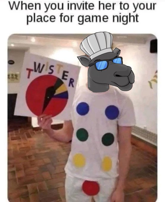 A meme captioned 'When you invite her to your place for game night' showing a person in a Twister costume with a cartoon hippo head edited over their face.