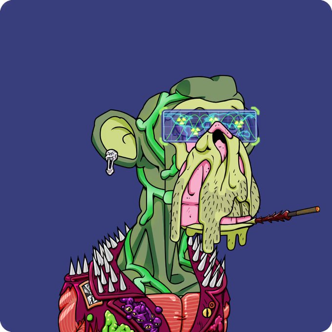 The image features a cartoon monkey wearing a green outfit, with spiky hair and glasses that give him an edgy appearance. The monkey has a gun in his hand, which adds to his menacing look. The background of the image is blue, providing a stark contrast to the monkey's attire and adding depth to the scene.