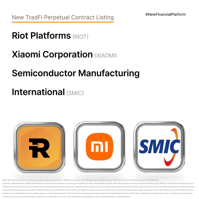 The image announces a new TradFi Perpetual Contract listing featuring three assets—Riot Platforms (RIOT), Xiaomi Corporation (XIAOMI), and Semiconductor Manufacturing International (SMIC)—displayed with their respective logos, corresponding to the Bybit listing of $XIAOMIUSDT, $SMICUSDT, and $RIOTUSDT perpetual contracts.