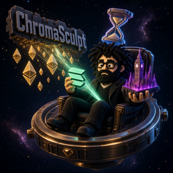 A pixel-art style illustration of a bearded figure wearing glasses seated on a floating throne, holding a glowing green Ethereum logo, with an hourglass above and a purple holographic Big Ben and cityscape in hand, set against a starry space backdrop with 'ChromaSculpt' text and floating Ethereum logos.