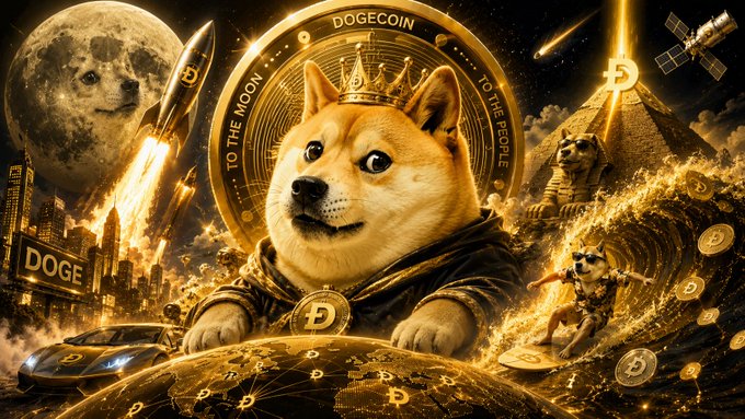 The image features a large, anthropomorphized dog wearing a crown while sitting or laying down among other objects such as a car, rocket, pyramid, sphinx, and people. The dog appears to be holding a DOGE coin in its mouth. The image also contains text that reads "D O G E C O I N T O T H E M O O N". This suggests a connection between the dog's appearance and the context of a Bitcoin advertisement or promotion.