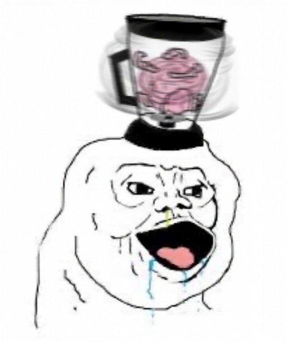 A black-and-white rage-comic character cries and shouts while a blender on his head spins a pink brain.