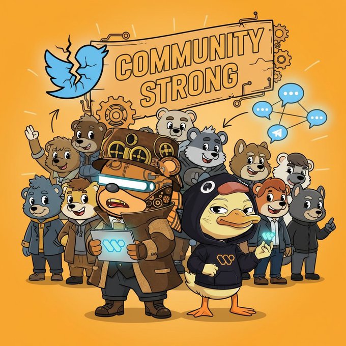 A vibrant cartoon illustration shows a diverse group of animal characters gathered beneath a "COMMUNITY STRONG" sign, featuring a steampunk-hat-wearing monkey with glowing blue goggles holding a "W" tablet, alongside a duck in a hoodie displaying a heart, with social media icons (including Twitter/X) floating above to emphasize the theme of resilient community engagement.