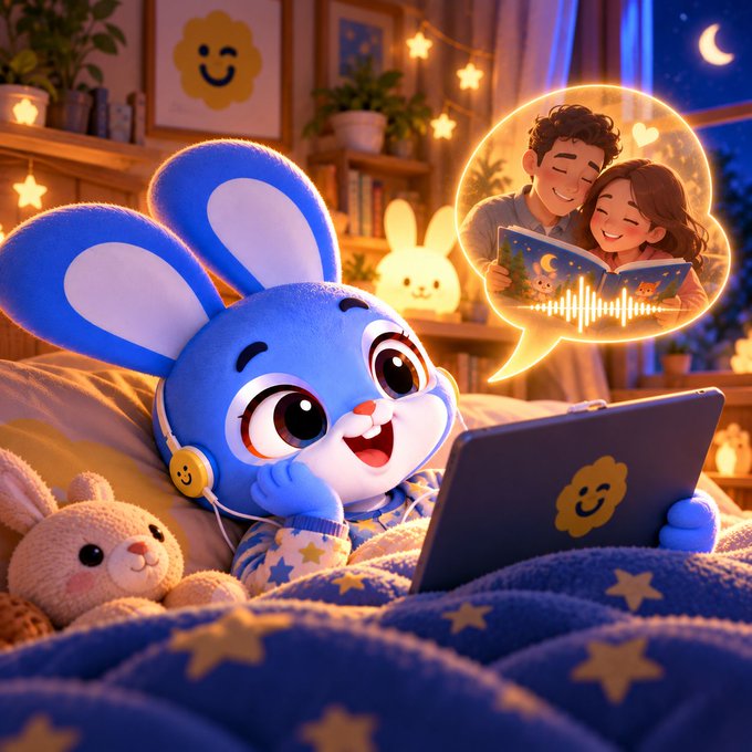 A Pixar-style 3D illustration of a cute blue bunny wearing headphones in bed at night, watching a video call with a couple on a tablet, with a speech bubble showing an audio waveform.