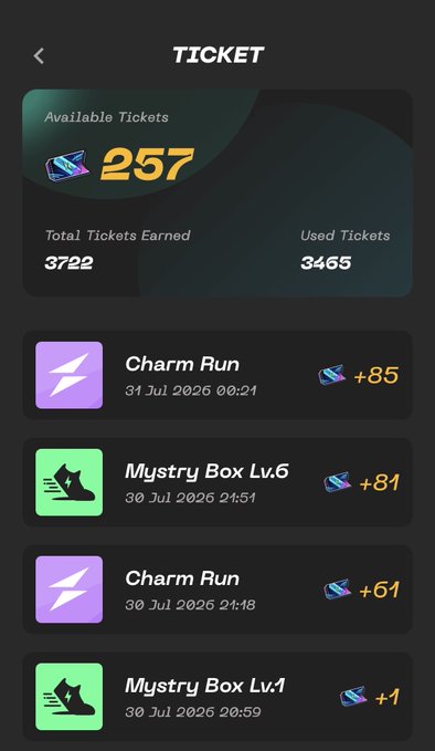 A mobile app screen titled 'TICKET' shows 257 available tickets and lists recent activities including 'Charm Run' and 'Mystery Box Lv.6' with associated point earnings.