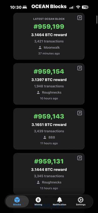 A mobile screenshot of the OCEAN Blocks app displays four recent block details—#959,199 (Moonwalk), #959,154 (Roughnecks), #959,143 (888), and #959,131 (Roughnecks)—each showing BTC rewards between 3.13–3.16 and transaction counts ranging from 1,948 to 3,439, visually reinforcing the post's claim of low transaction counts from sovereign miners using clean block templates.