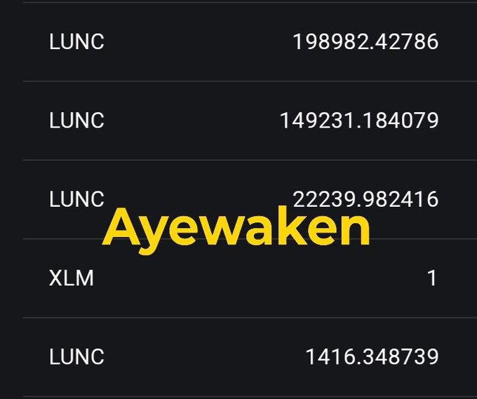 A screenshot of transaction history showing various LUNC deposits to the WEEX exchange, including amounts of 1,989,827.86 LUNC, 1,492,318.4079 LUNC, 22,239.982416 LUNC, and 1,416.348739 LUNC, along with 1 XLM (Stellar). The image is watermarked with "Ayewaken" in yellow text, illustrating community progress in depositing LUNC to WEEX as mentioned in the post.