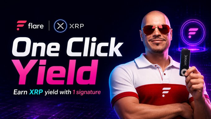 Promotional graphic for Flare and XRP featuring a bald man in sunglasses holding a Ledger device, with text 'One Click Yield - Earn XRP yield with 1 signature'.