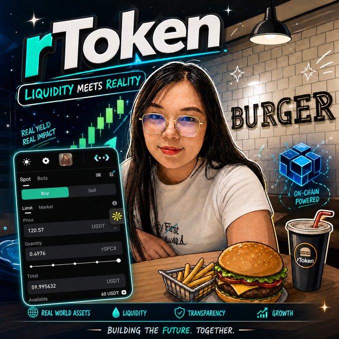 A promotional graphic for 'rToken' with the tagline 'LIQUIDITY MEETS REALITY' and 'BUILDING THE FUTURE. TOGETHER.', featuring a young woman at a burger restaurant alongside a trading interface showing a Spot/Bot Buy order for rSPCX at $120.57.