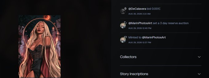 An NFT auction listing showing an illustration of a blonde woman in a dark dress with a glowing halo, with activity log entries including '@DeCalavera bid 0.001Ξ', '@MarinPhotosArt set a 3 day reserve auction', and 'Minted to @MarinPhotosArt'.